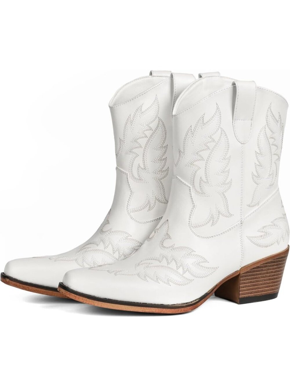 Women's White Pointed Toe Western Faux Leather Chunky Cowgirl Ankle Booties